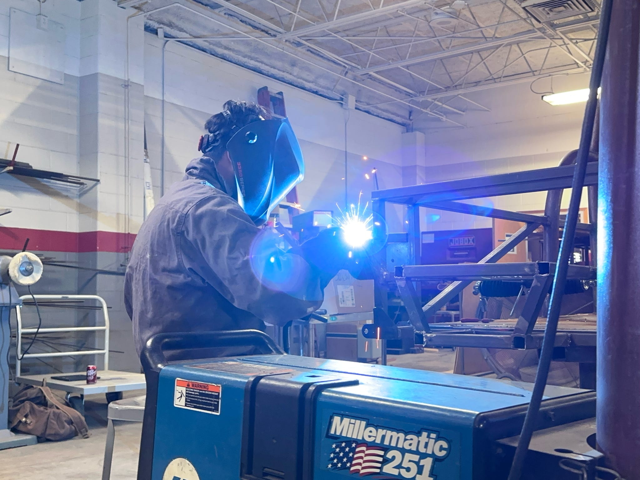 Welding the Solar Car chassis in the shop